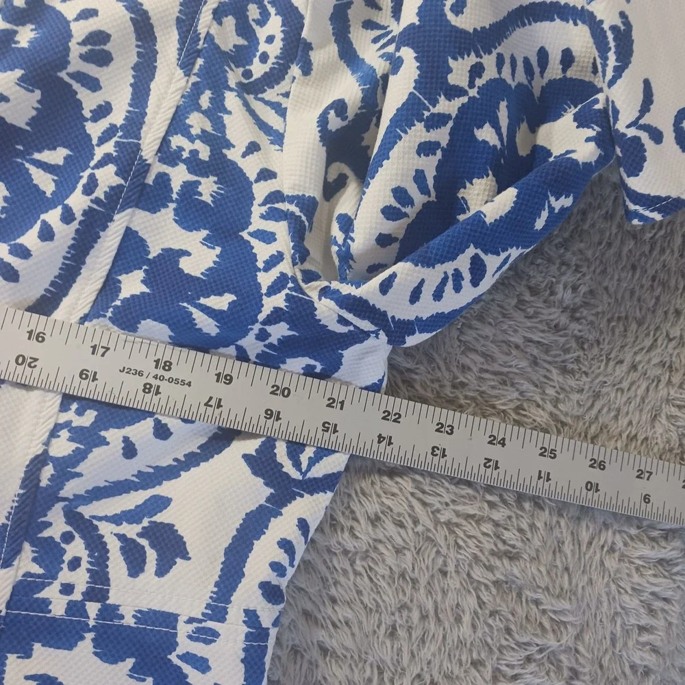Chico's 3 (US 16) Hook Front‎ Jacket Blue White Damask Pattern READ Damask